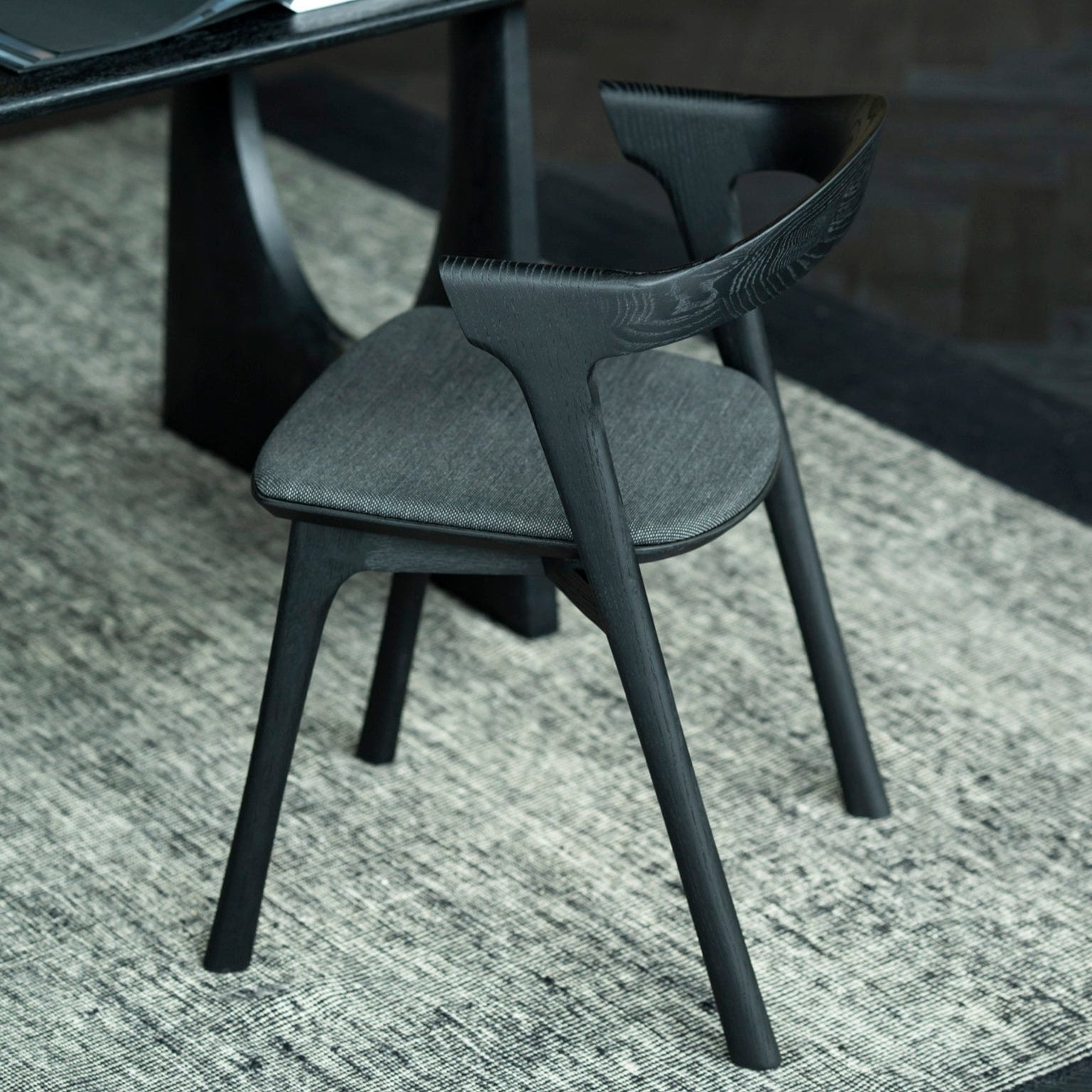 Bok Dining Chair, Varnished Oak, Black, Soft Black Fabric