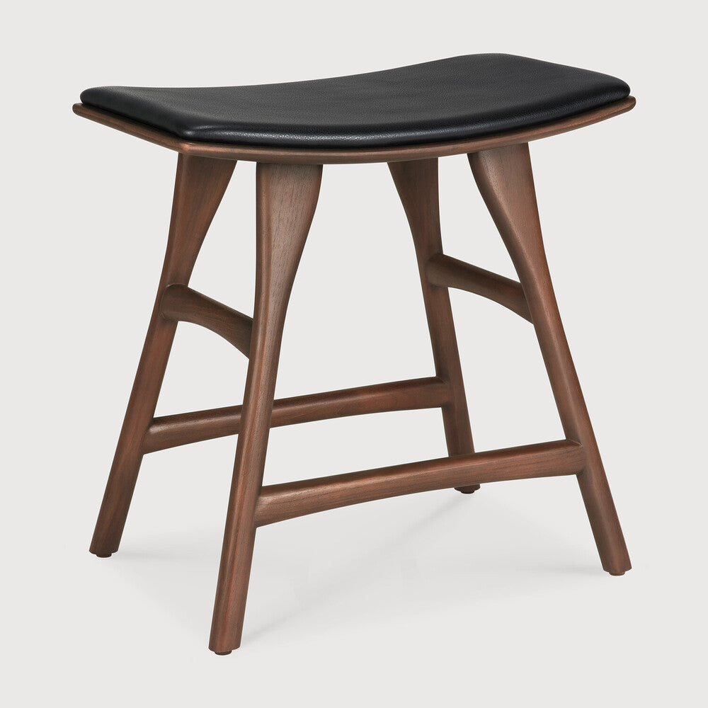 Osso Stool, Varnished Teak, Brown, Black Leather