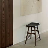 Osso Stool, Varnished Teak, Brown, Black Leather
