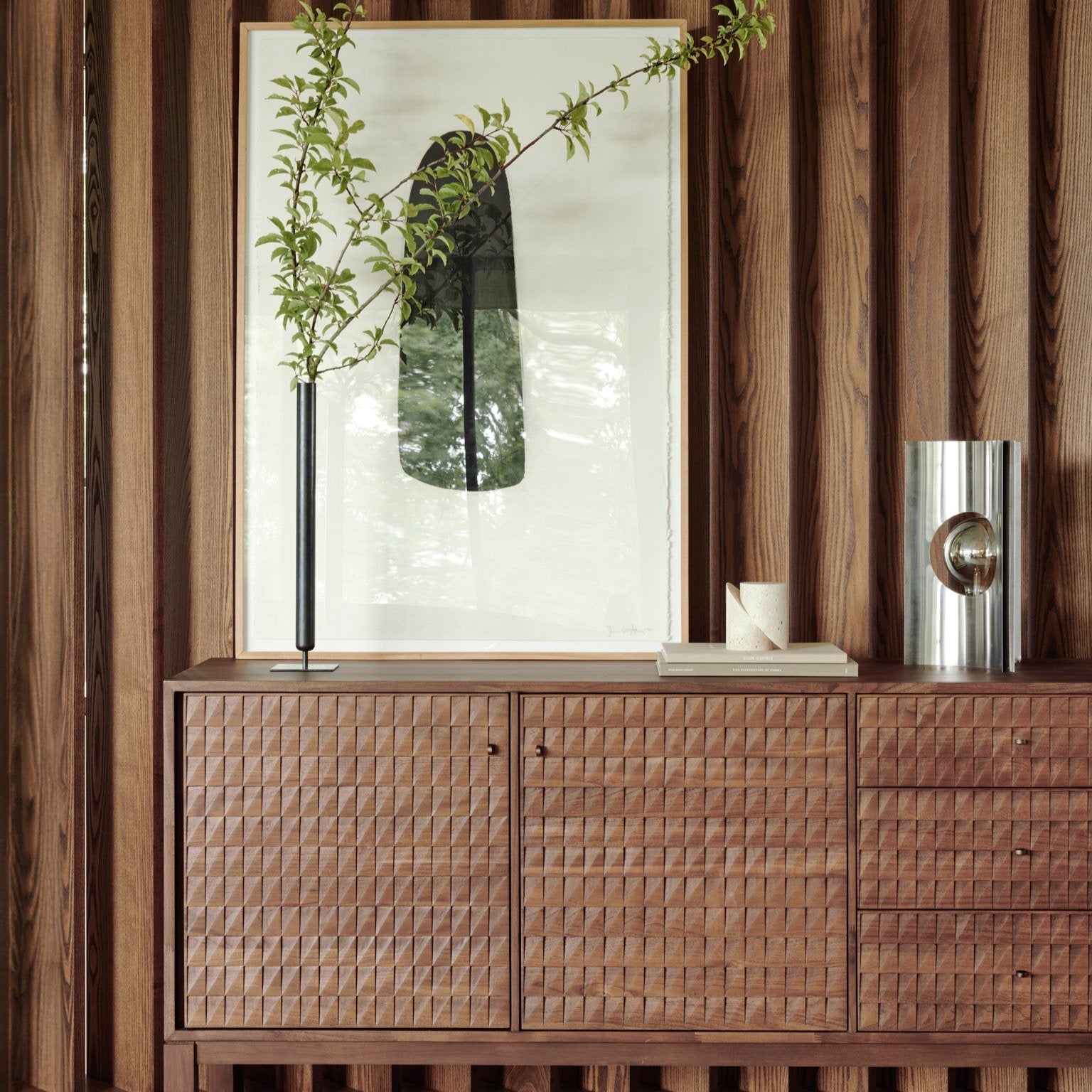 Sono Sideboard, Varnished Teak, Light Brown, 3 Doors, 3 Drawers