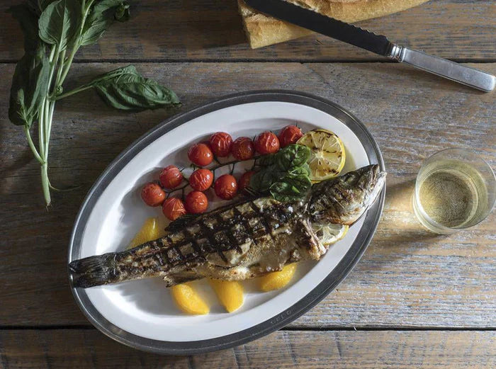 Grilled Bronzino with Roasted Cherry Tomatoes, Fresh Citrus +Grilled Lemon