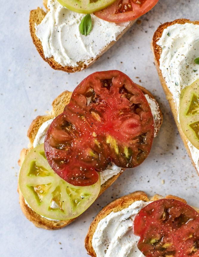 Heirloom Tomato Garlic Toast with Basil Whipped Feta.