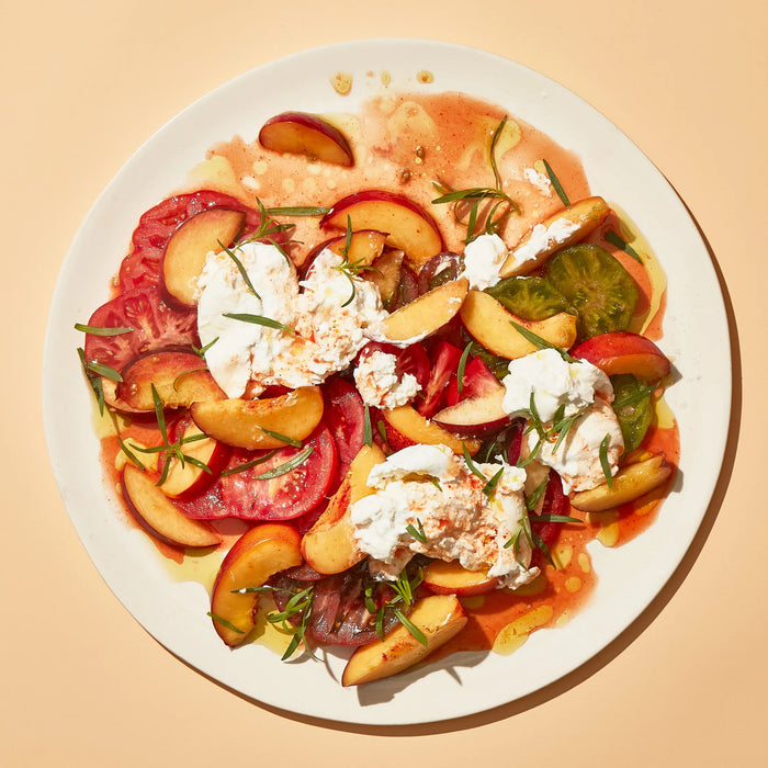 Peaches and Tomatoes with Burrata and Hot Sauce