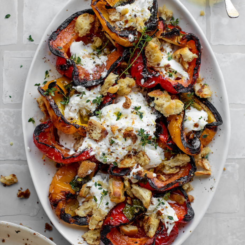 Grilled Marinated Peppers with Burrata and Breadcrumbs