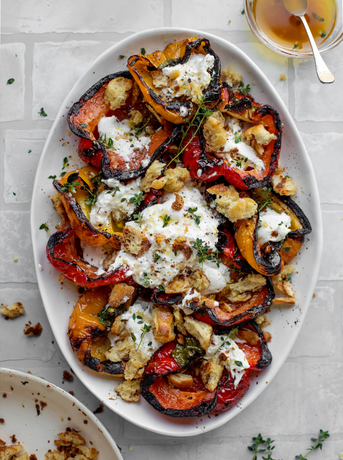 Grilled Marinated Peppers with Burrata and Breadcrumbs