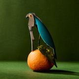 Corkscrew shaped like a parrot perched on an orange with a green leaf against a green background