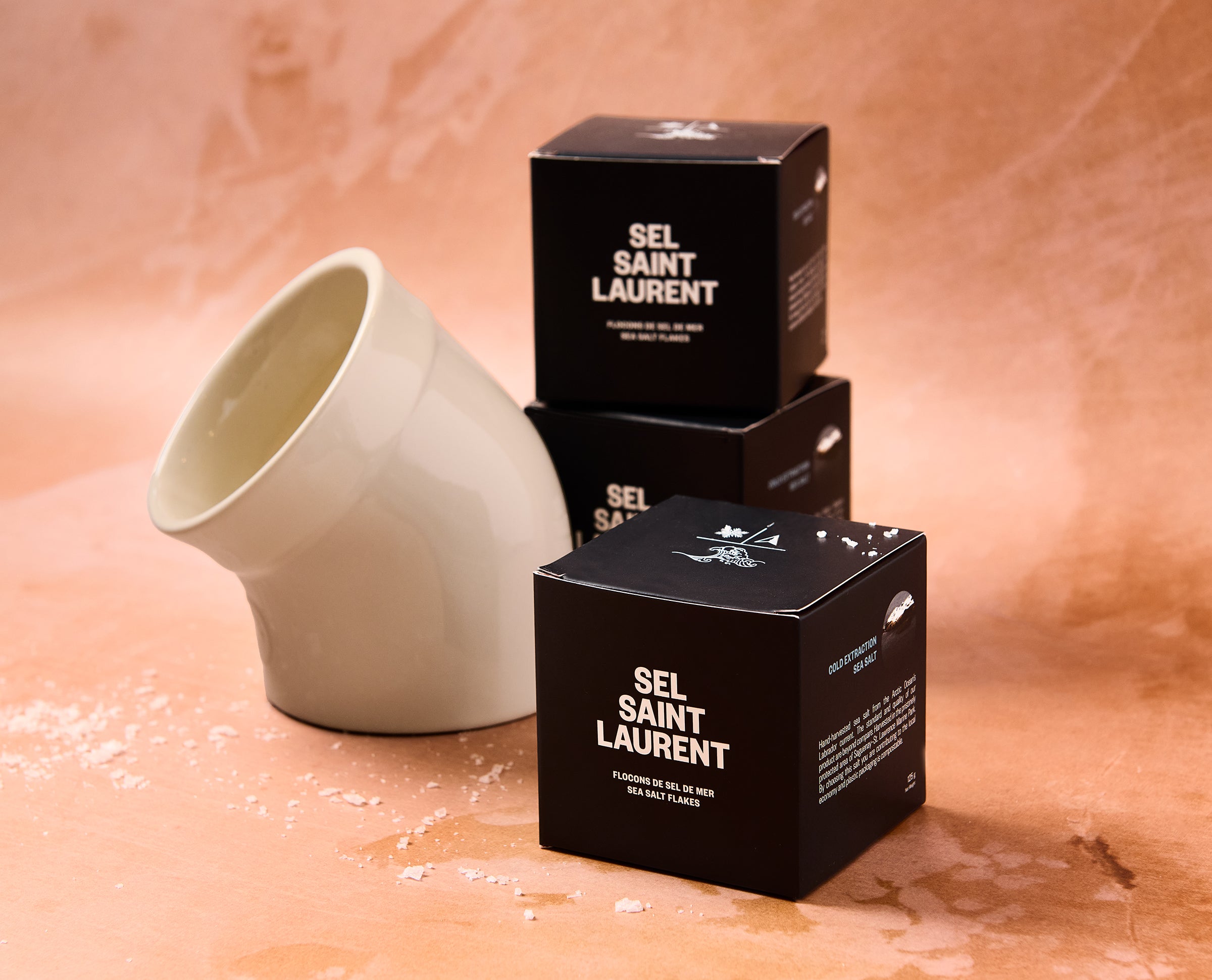 Black boxes with 'Sel Saint Laurent' branding on a textured surface.