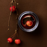 Red apples and a branch with a metal can on a brown background
