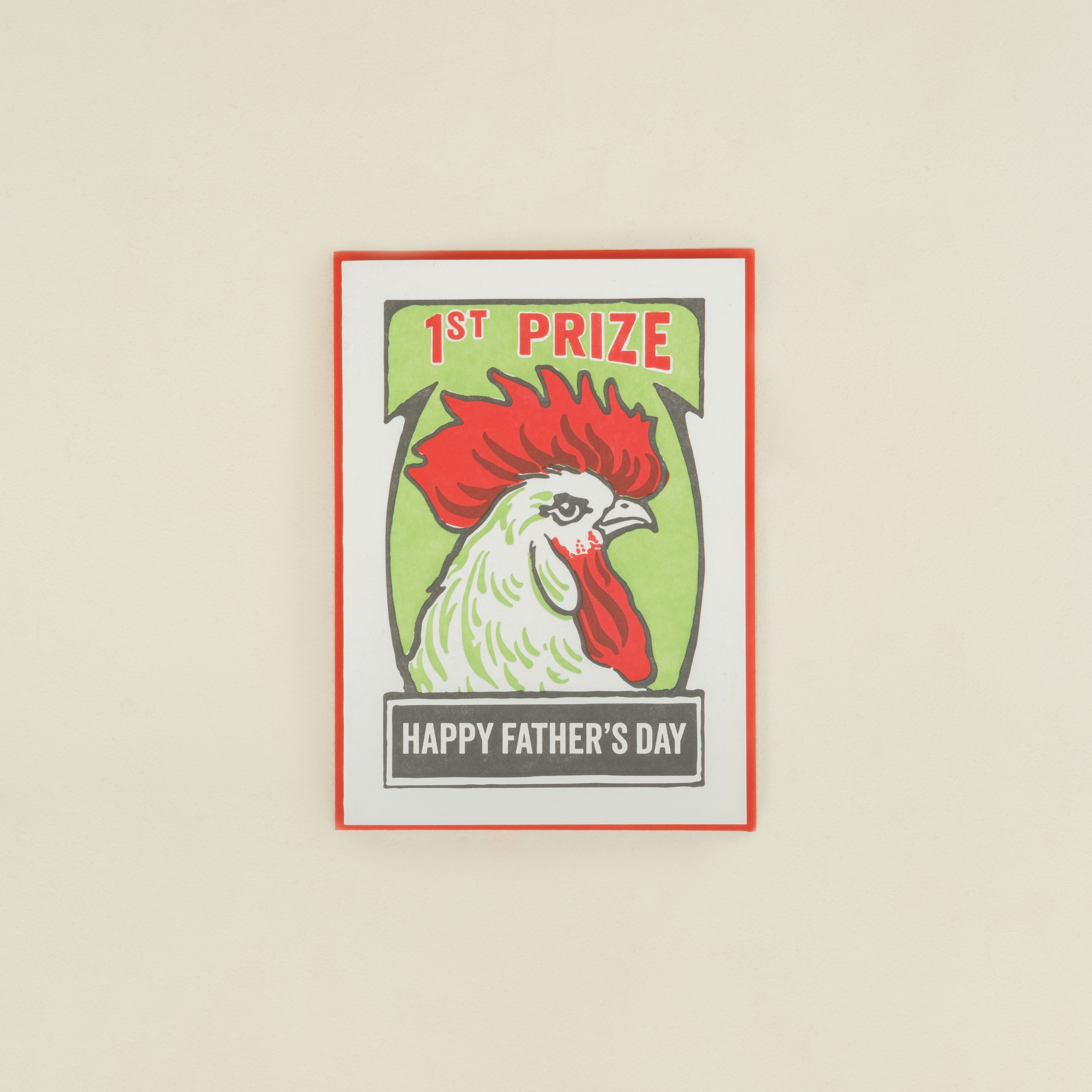 Father's Day card with rooster illustration and '1st Prize' text on a beige background