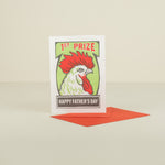 Father's Day card with rooster illustration and '1st Prize' text on a beige background