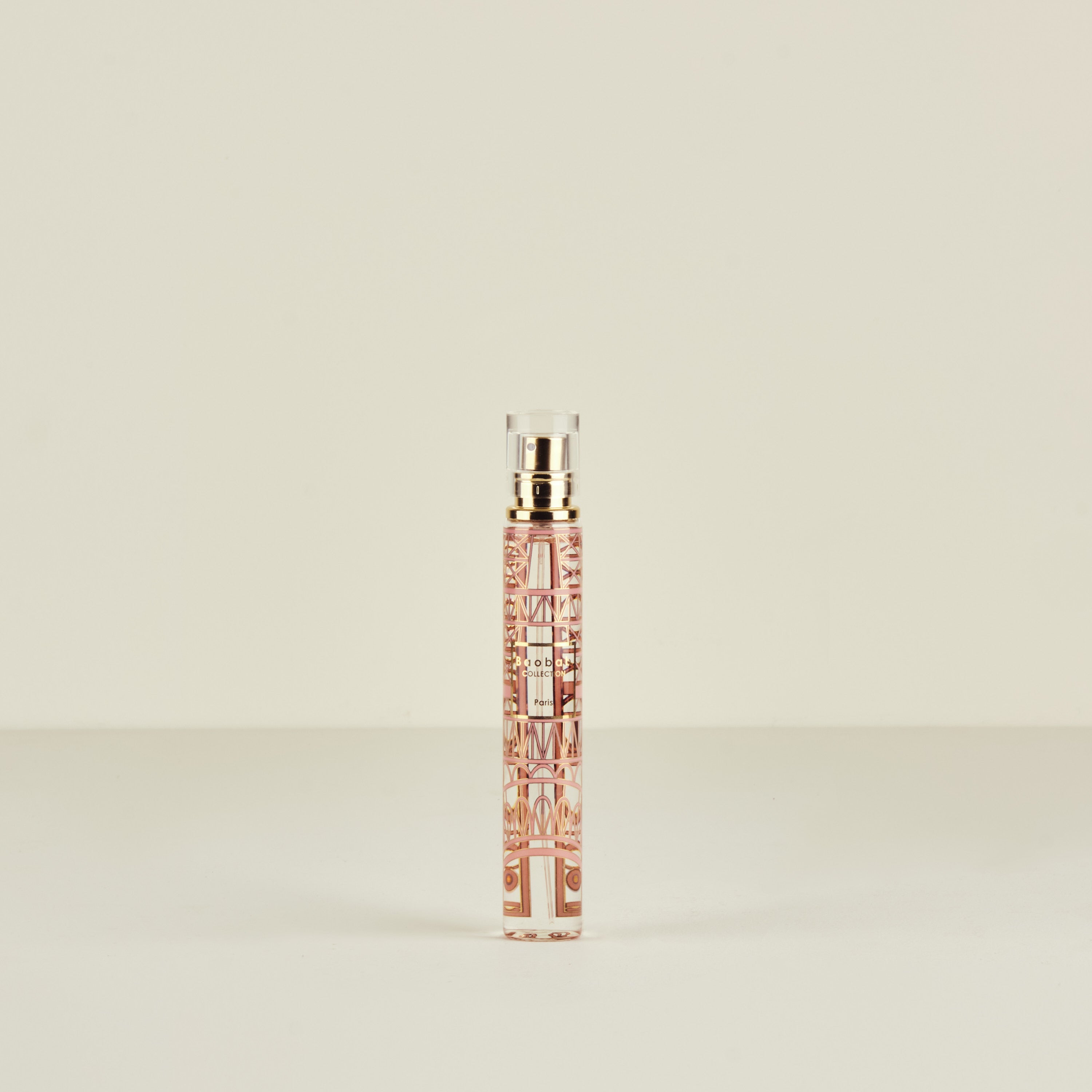 Decorative water bottle with geometric pattern on a beige background