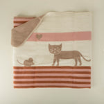 Blanket with cat and mouse design and striped pattern on a light background