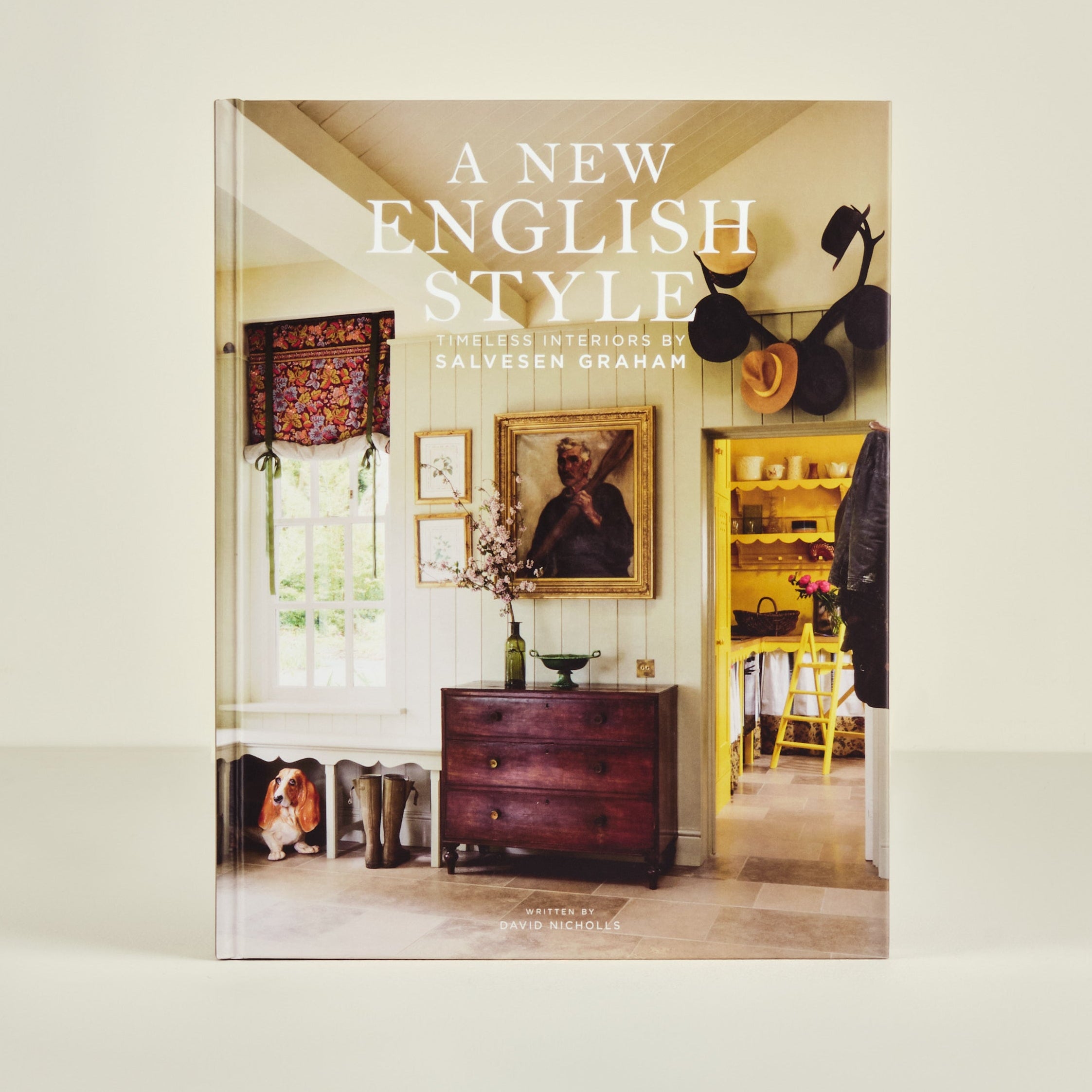 Book titled 'A New English Style' with interior design images on a white background