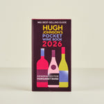 Book titled 'Hugh Johnson's Pocket Wine Book 2026' with colorful wine bottle illustrations on a beige background