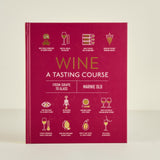 Red book titled 'Wine: A Tasting Course' with icons on a beige background