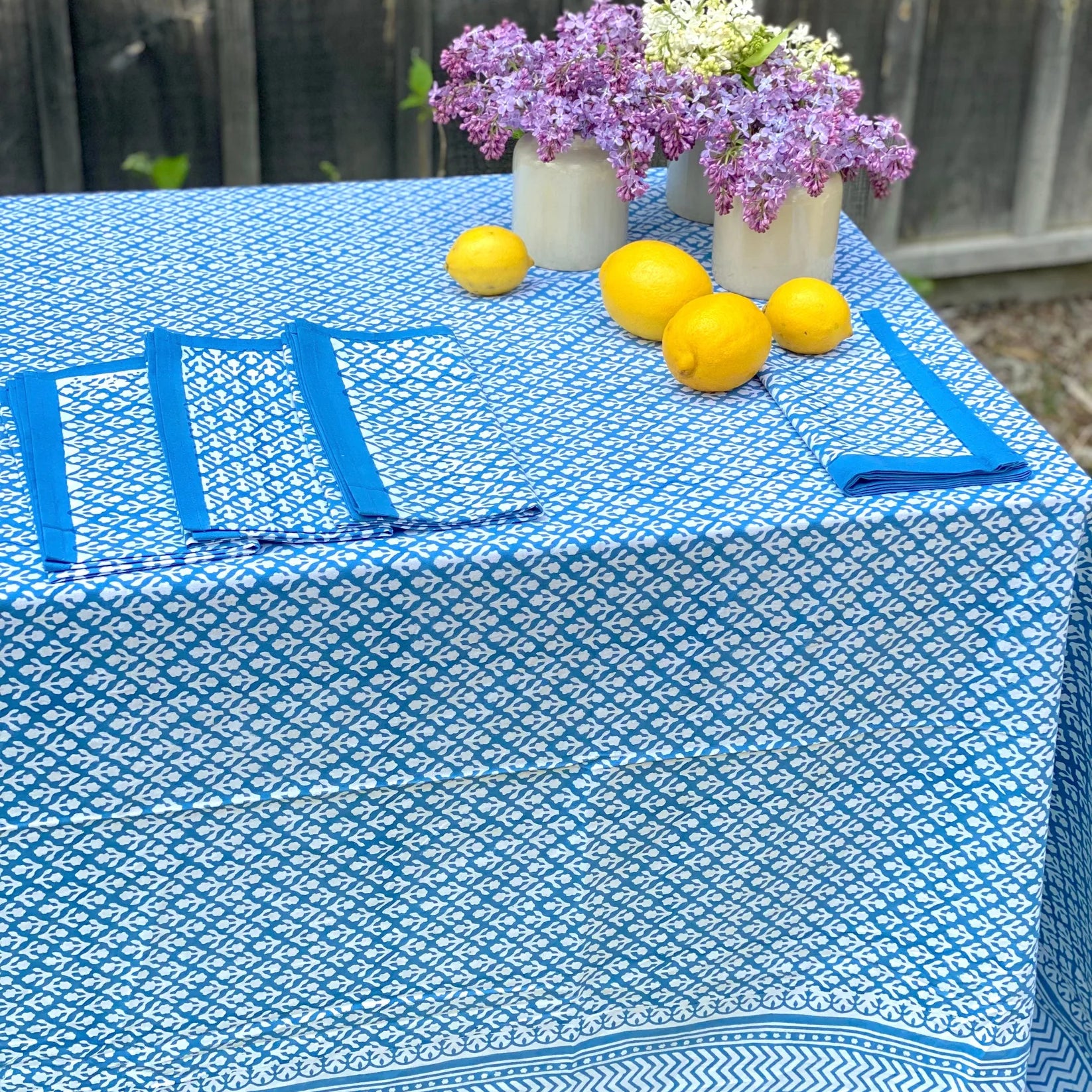 Blue Block Print Cotton Tablecloth
