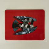 blue black spotted loon on red background