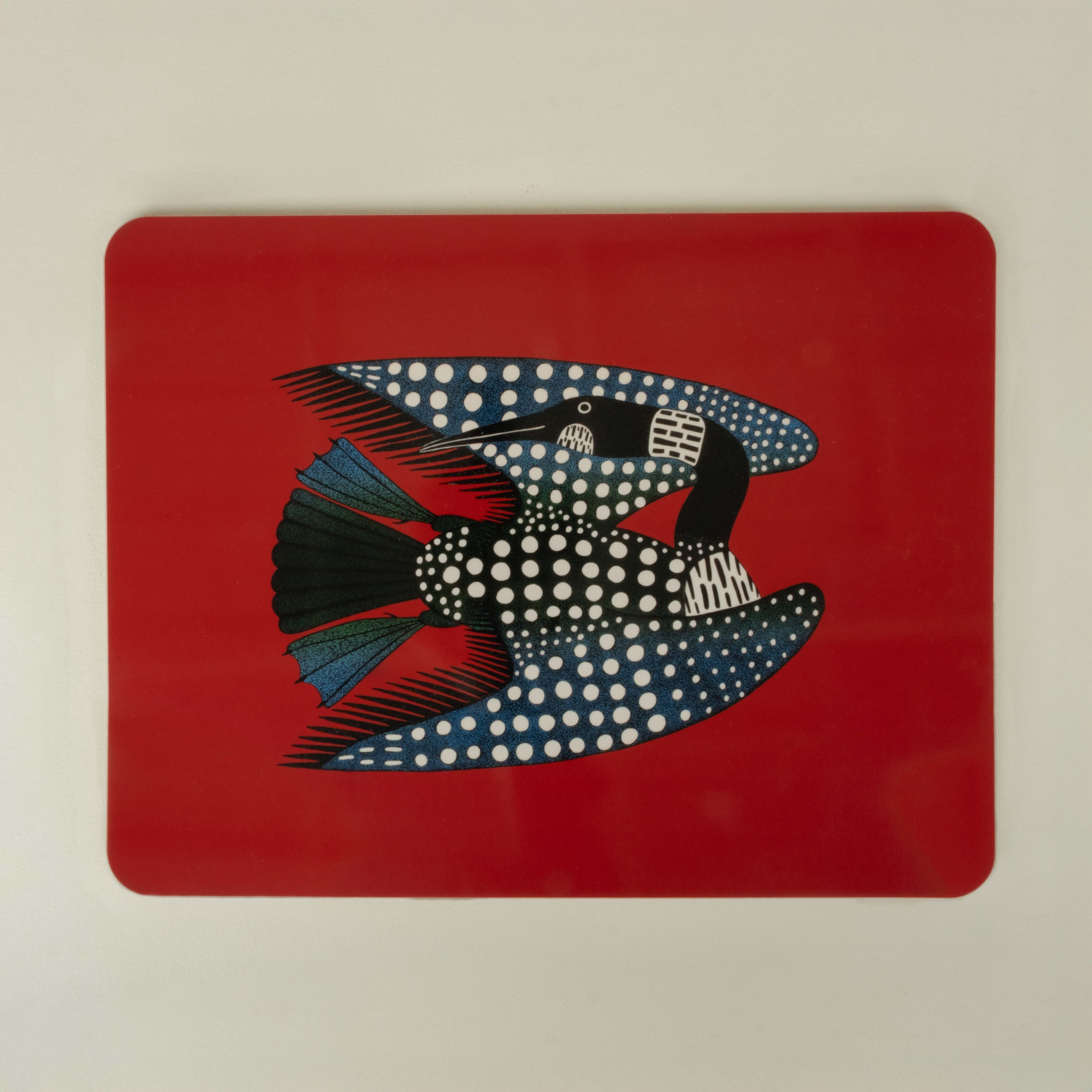 blue black spotted loon on red background