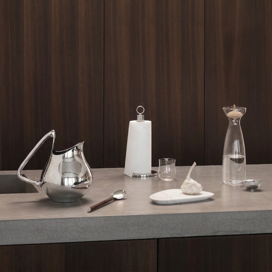 Modern kitchen setup with metallic pitcher, salt and pepper shakers, and other utensils on a wooden surface.