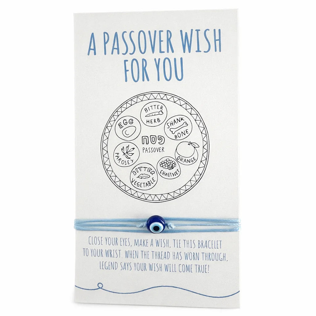 Passover wish bracelet packaging with text and design on a white background