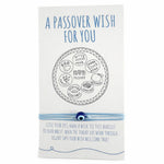 Passover wish bracelet packaging with text and design on a white background