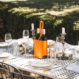 Leather 2-Bottle Holder, Tan w/ Orange