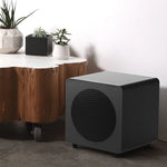 Black subwoofer next to a wooden coffee table with plants on a light-colored floor.