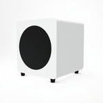 White subwoofer with black mesh on a white background