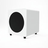 White subwoofer with black mesh on a white background