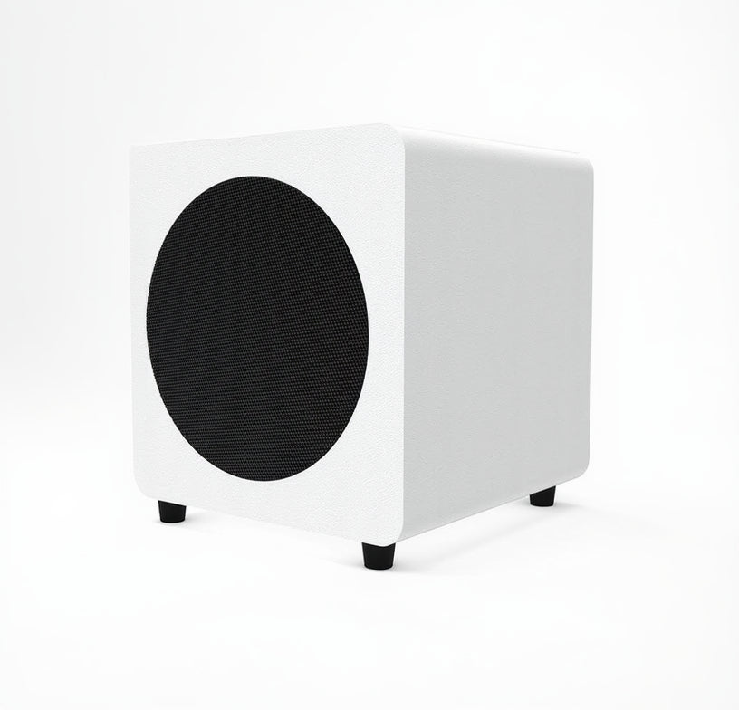 White subwoofer with black mesh on a white background