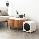 Modern living room with a sofa, coffee table, and speakers.