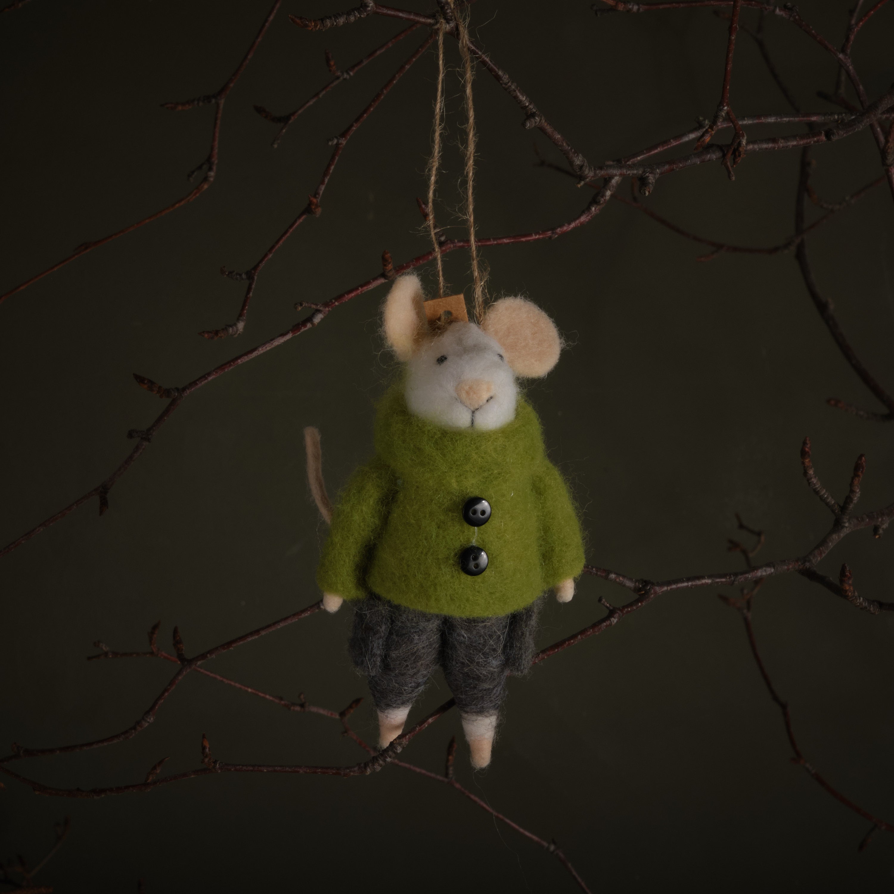 Small plush mouse toy wearing a green coat hanging on a branch against a dark background