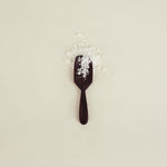 Black spoon with salt on a beige background
