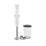 Hand blender with a clear container and black lid on a white background