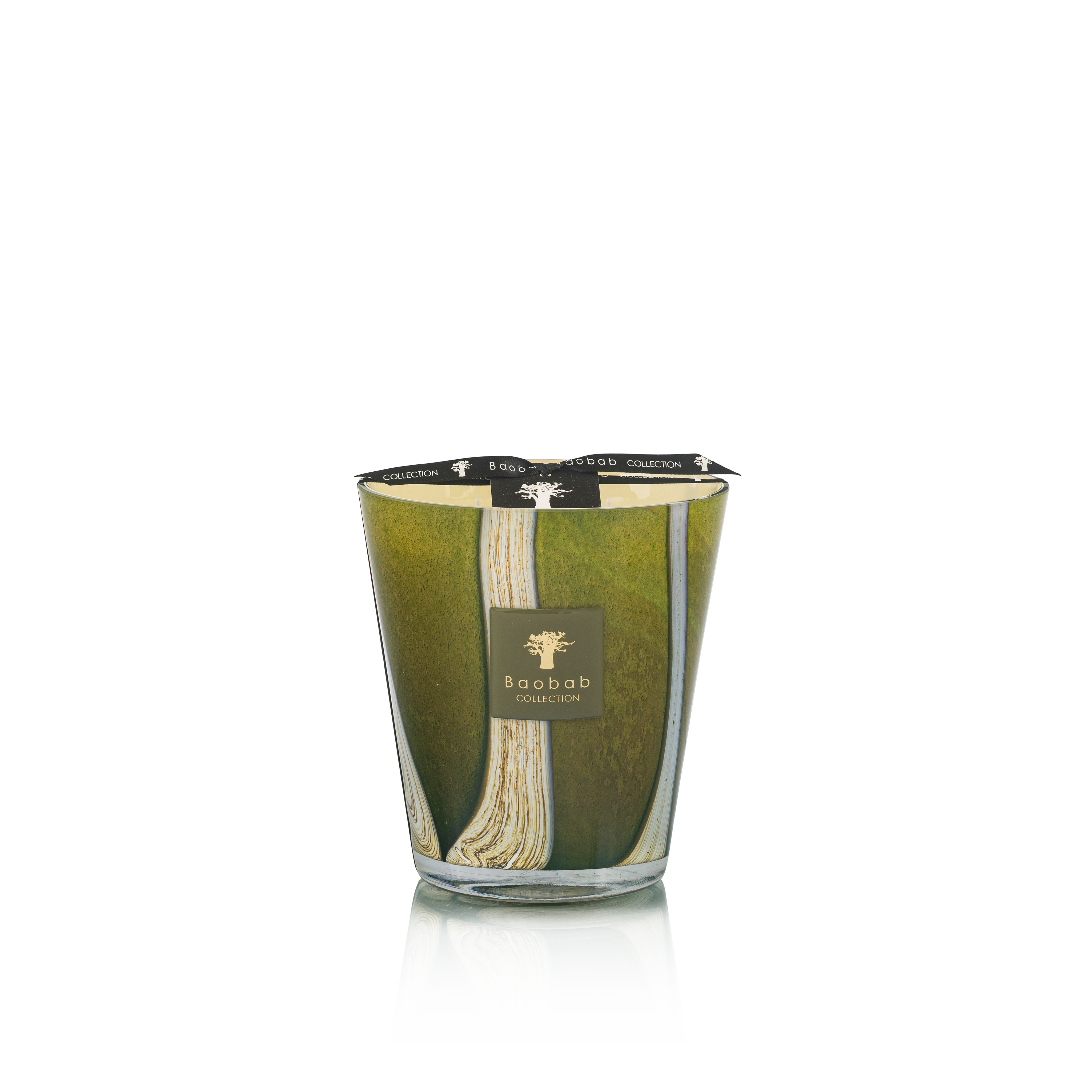 Green candle with a visible brand logo on a white background