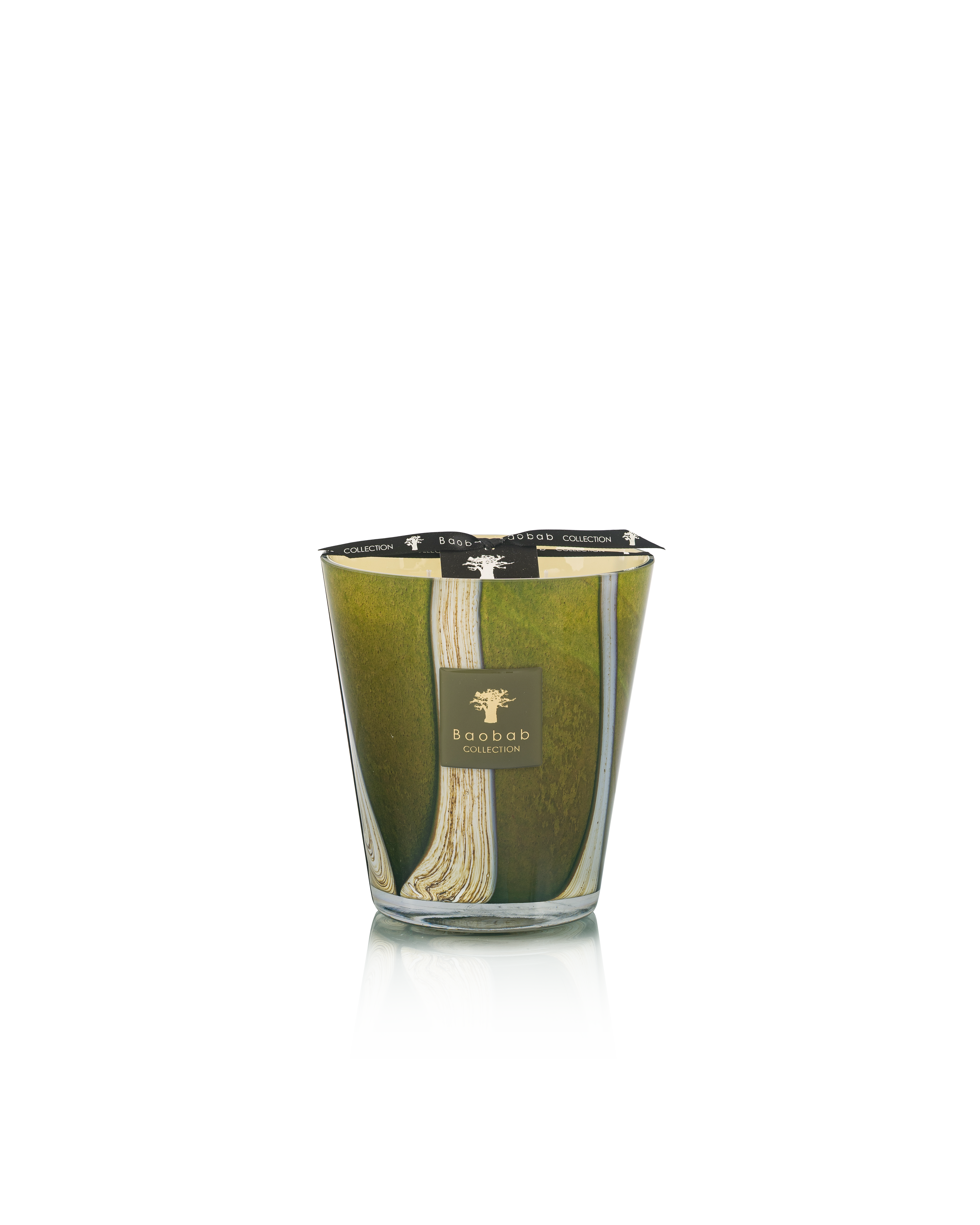 Green candle with a visible brand logo on a white background