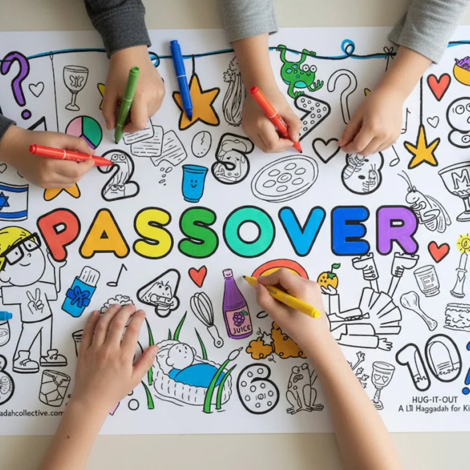 Children coloring a Passover-themed activity sheet with markers.