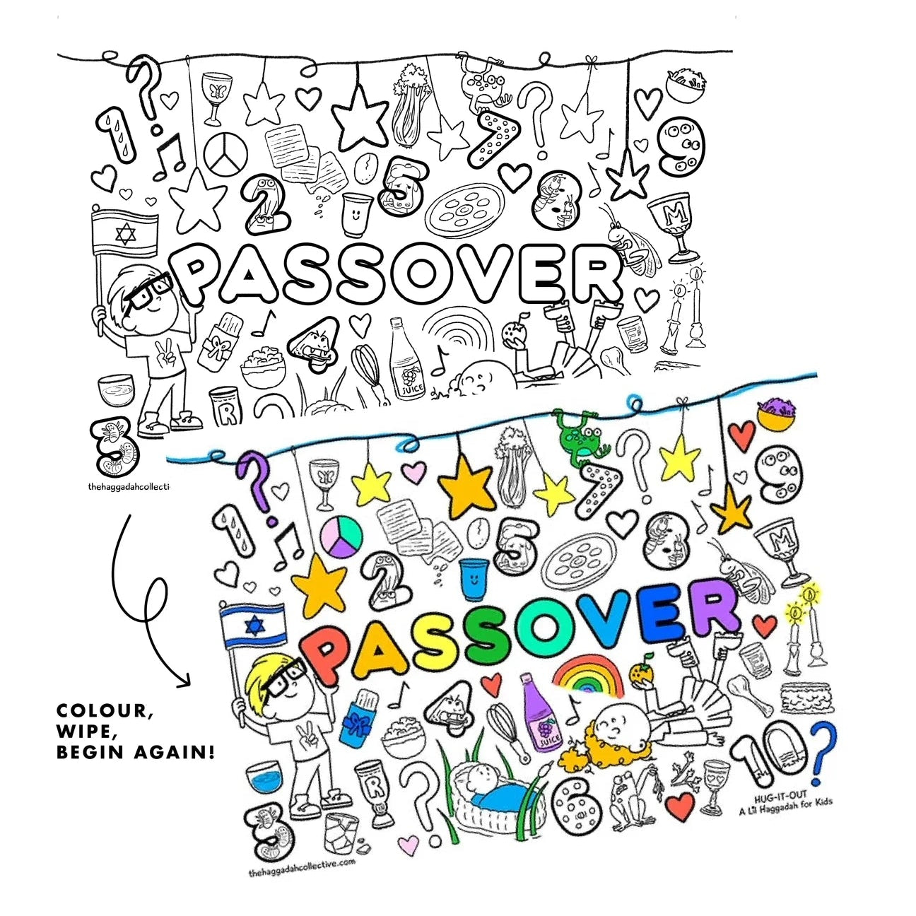Passover-themed coloring book with illustrations and text on a white background