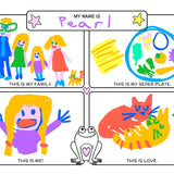 Children's illustration of a family, Seder plate, and a fish with a frog, labeled 'My Name is Pearl'.